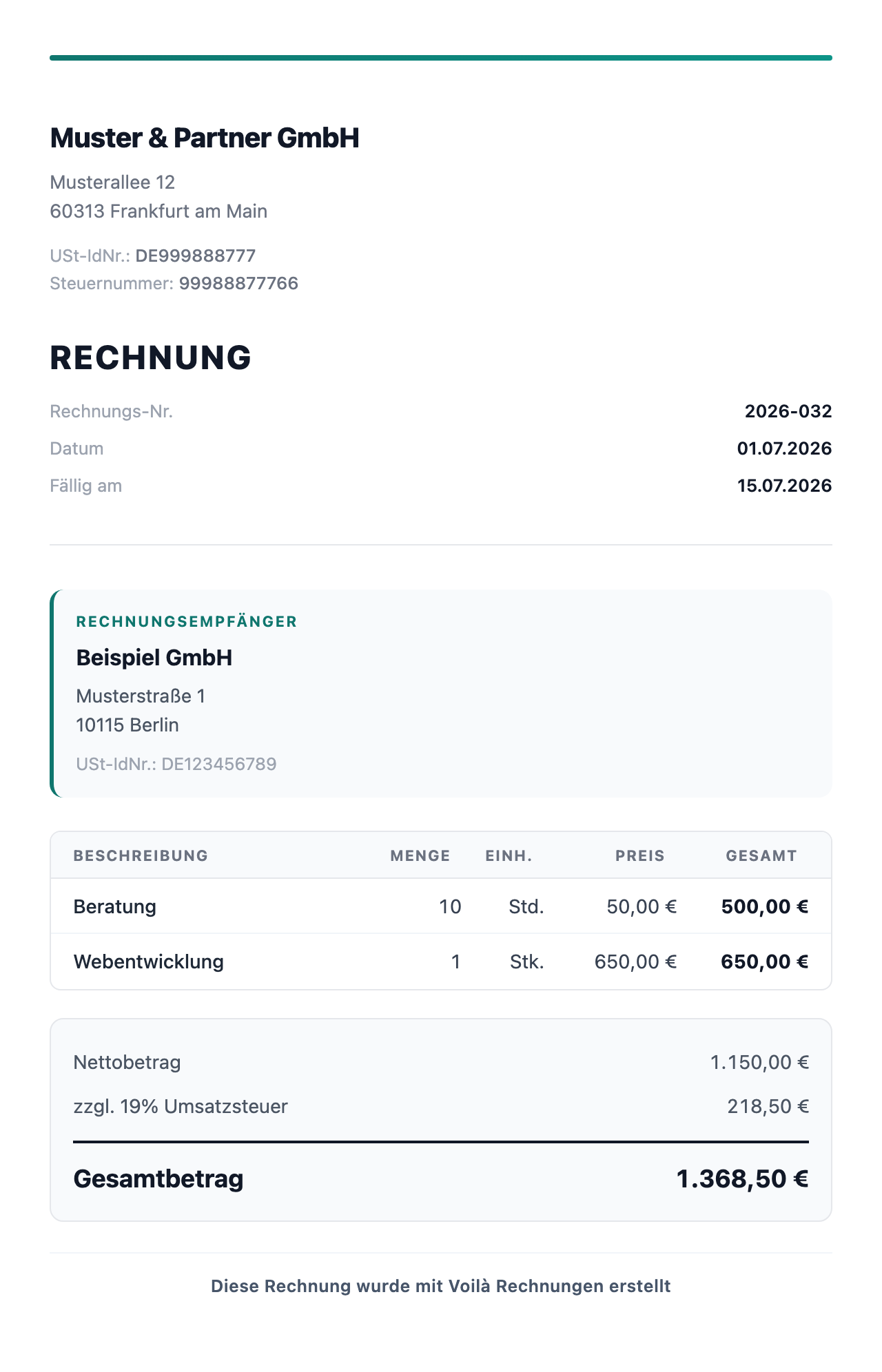 Beispielrechnung erstellt mit Voilà Rechnungen